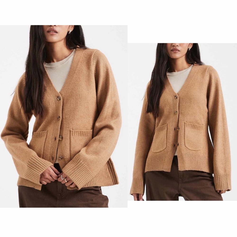 ASOS- tan camel v neck button front knit cardigan sweater with side pockets - Picture 2 of 6